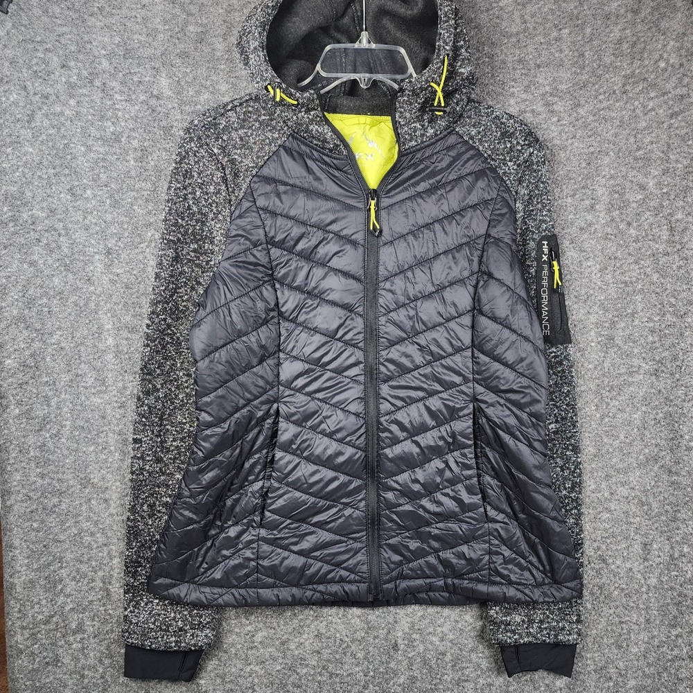 HFX Hybrid Puffer Jacket Women‎ Large Black Gray Neon Lime Hooded Performance